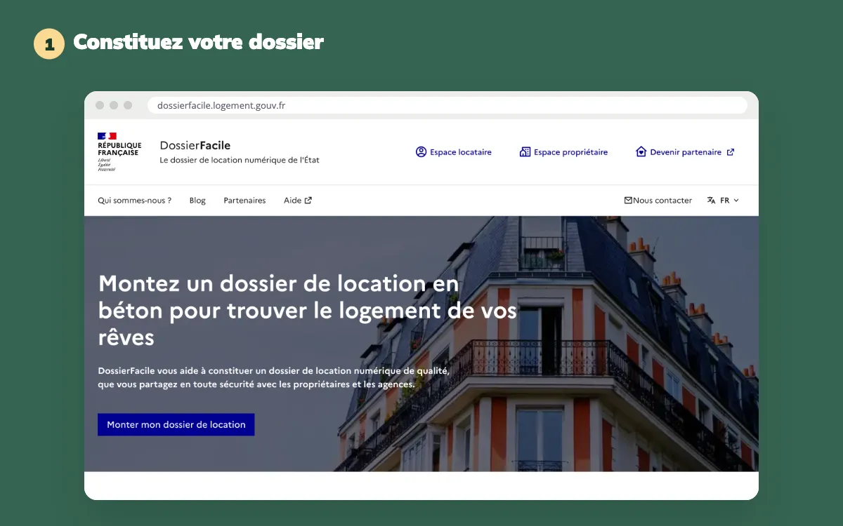 Page d'accueil de DossierFacile, le dossier de location numérique de l'État