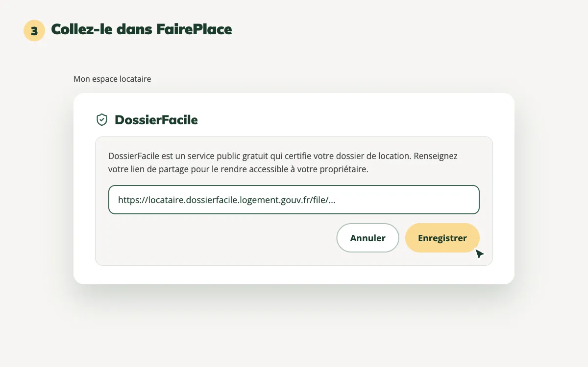 La carte DossierFacile de Mon espace locataire dans FairePlace, avec le lien collé et le bouton Enregistrer
