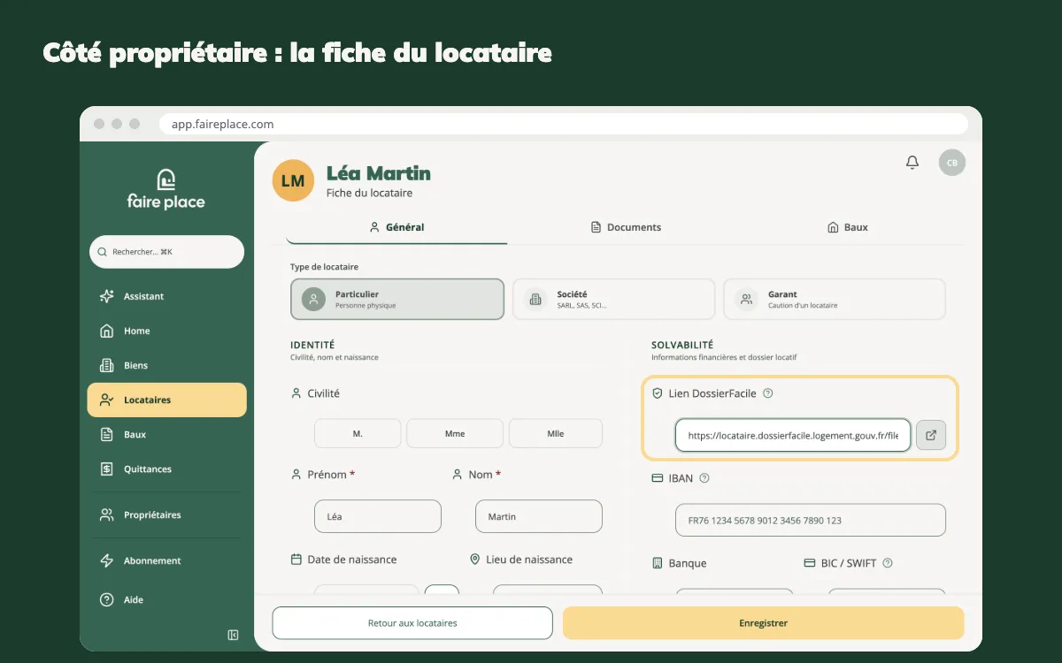 Fiche d'un locataire dans FairePlace : le champ Lien DossierFacile dans la section Solvabilité