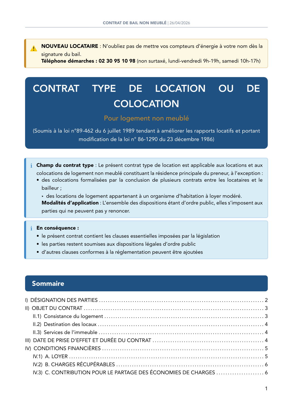 Aperçu du bail de location FairePlace : page de garde, sommaire, désignation des parties